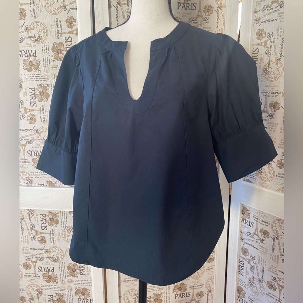 Anthropologie Black Cotton Blouse with Puff Sleeves - Picture 3 of 5